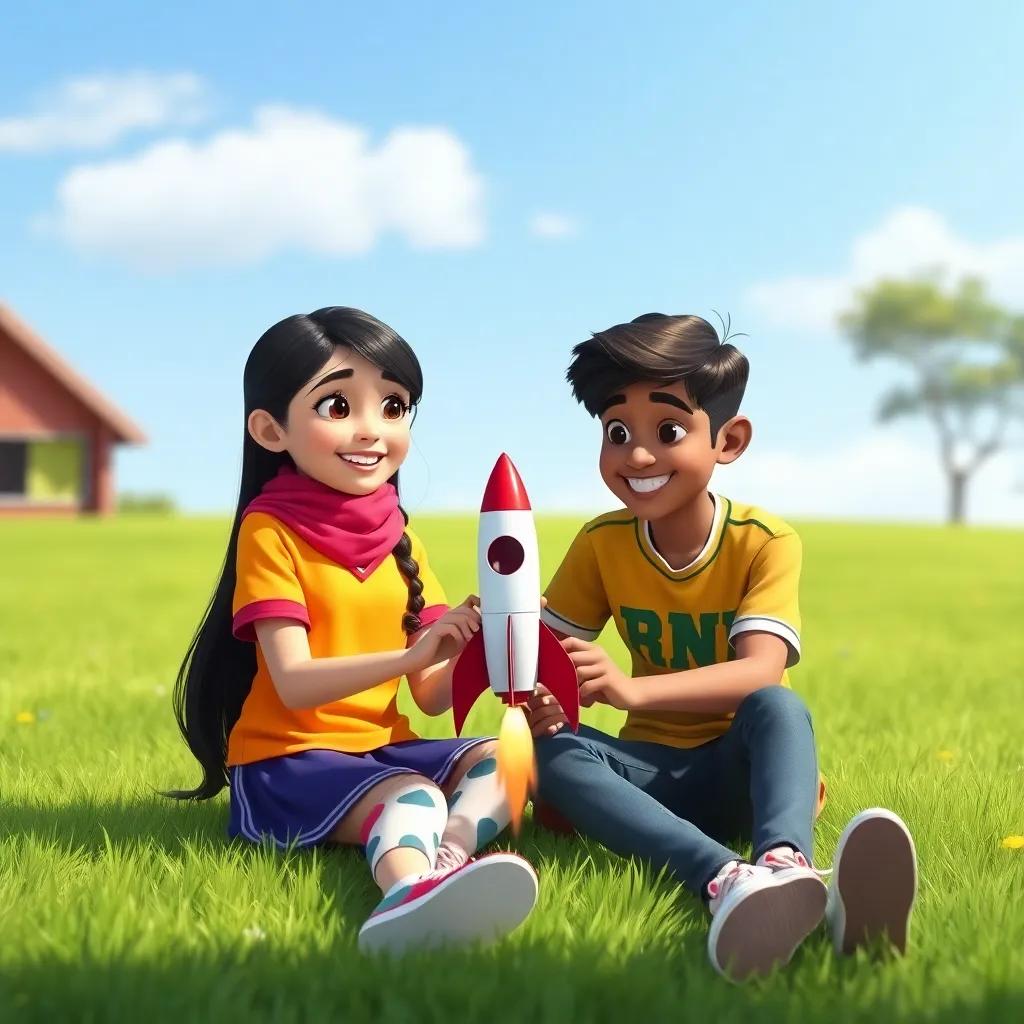 Leila, a young Arab girl, with long dark hair, wearing a colorful school uniform, working on a small rocket model with her friend Ali, sitting on the grass, sunny day, joyful expressions, outdoor scene, bright colors, high quality