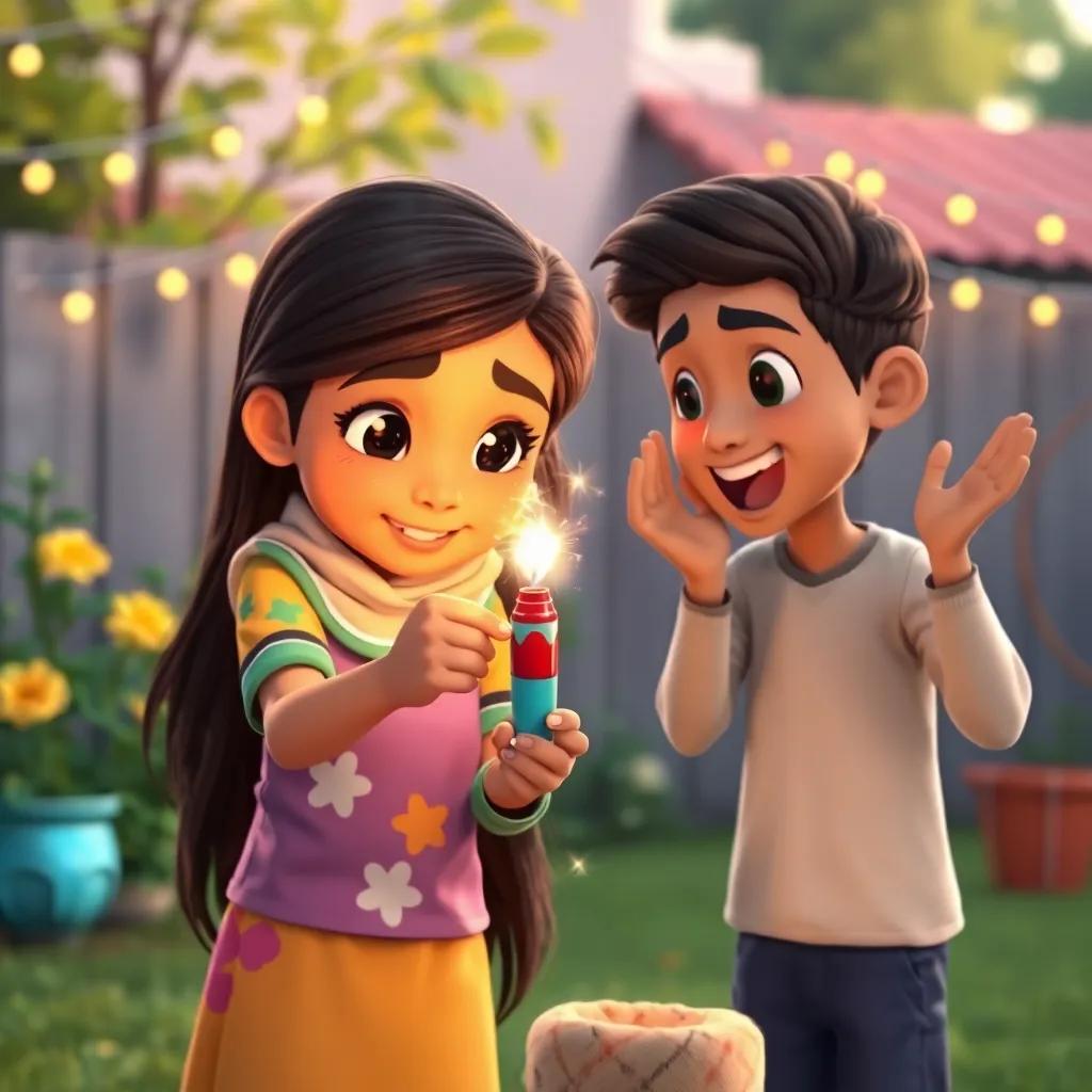 Leila, a young Arab girl, with long dark hair, wearing a colorful school uniform, lighting a wick on a small rocket while her friend Ali cheers next to her, backyard scene, excitement in the air, vibrant colors, high quality