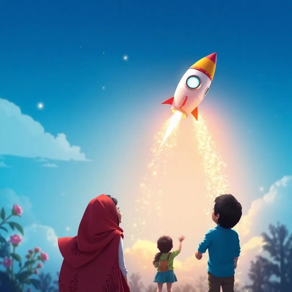 A colorful rocket soaring into a bright blue sky, with sparks flying, while Leila and Ali watch in amazement, vibrant colors, magical atmosphere, child-friendly, high quality