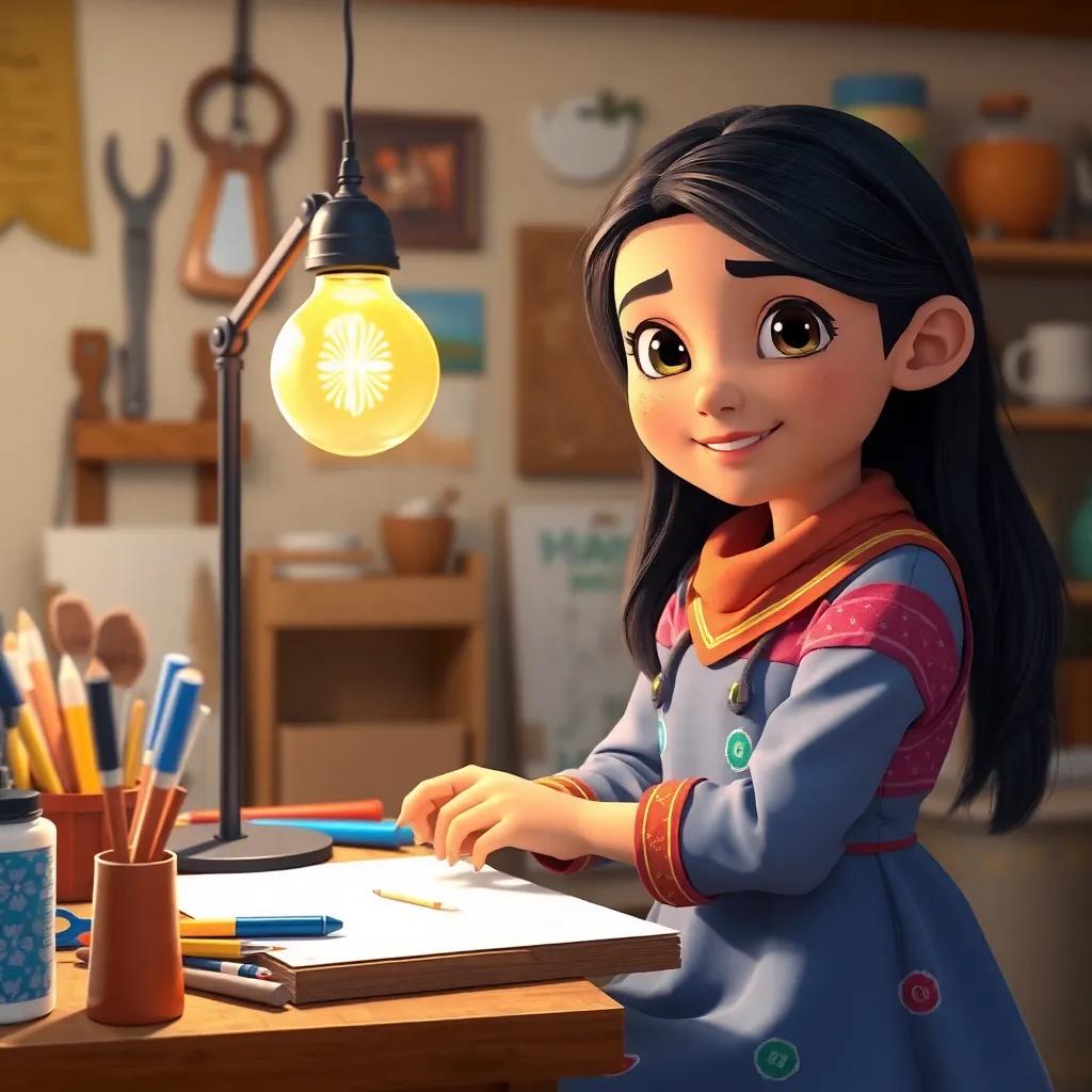 Leila, a young Arab girl, with long dark hair, wearing a colorful school uniform, creating a solar-powered lamp in her workshop, surrounded by art supplies and tools, inspiring atmosphere, bright and welcoming colors, high quality