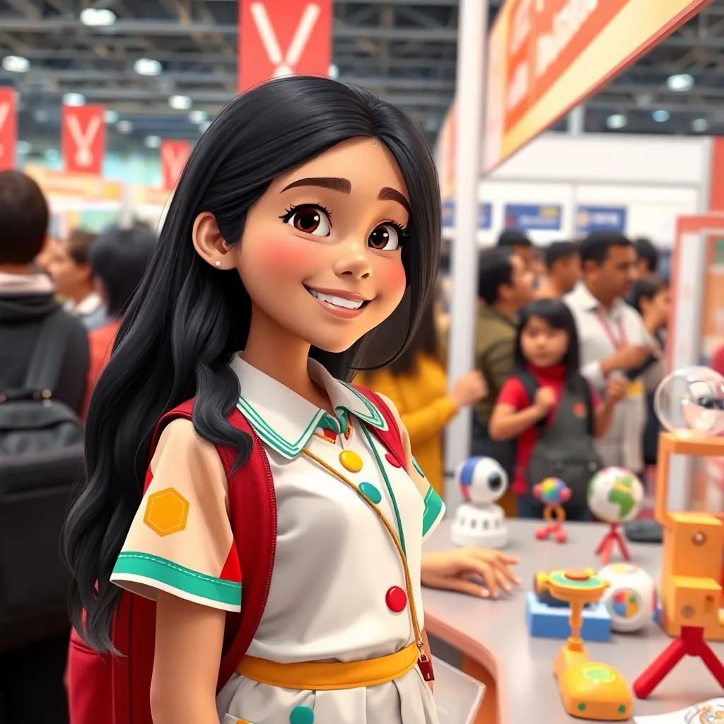 Leila, a young Arab girl, with long dark hair, in a colorful school uniform, standing by a booth at an innovation fair, excitedly showcasing her inventions, vibrant crowd surrounding her, happy atmosphere, bright colors, high quality