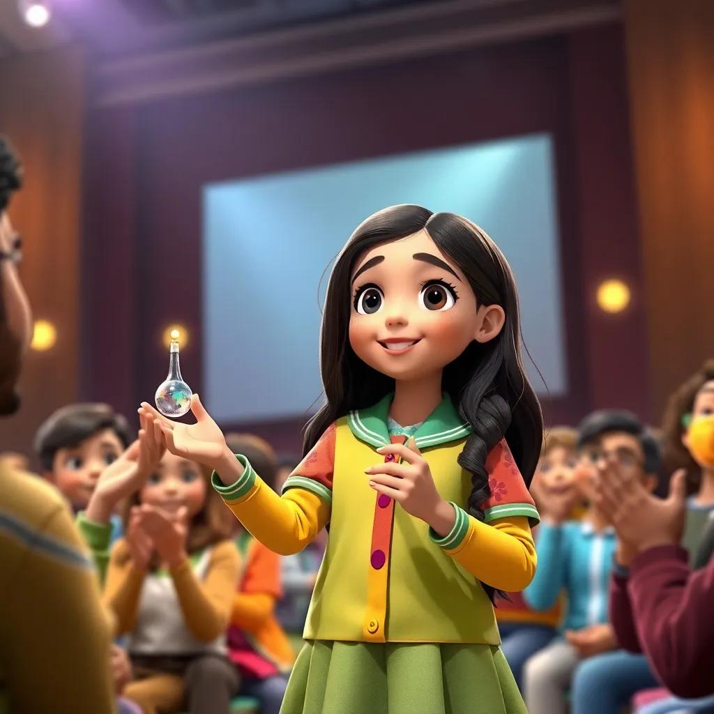 Leila, a young Arab girl, with long dark hair, in a colorful school uniform, presenting her inventions to an audience, people cheering and clapping, stage with bright lights, delighted expressions, vibrant colors, high quality