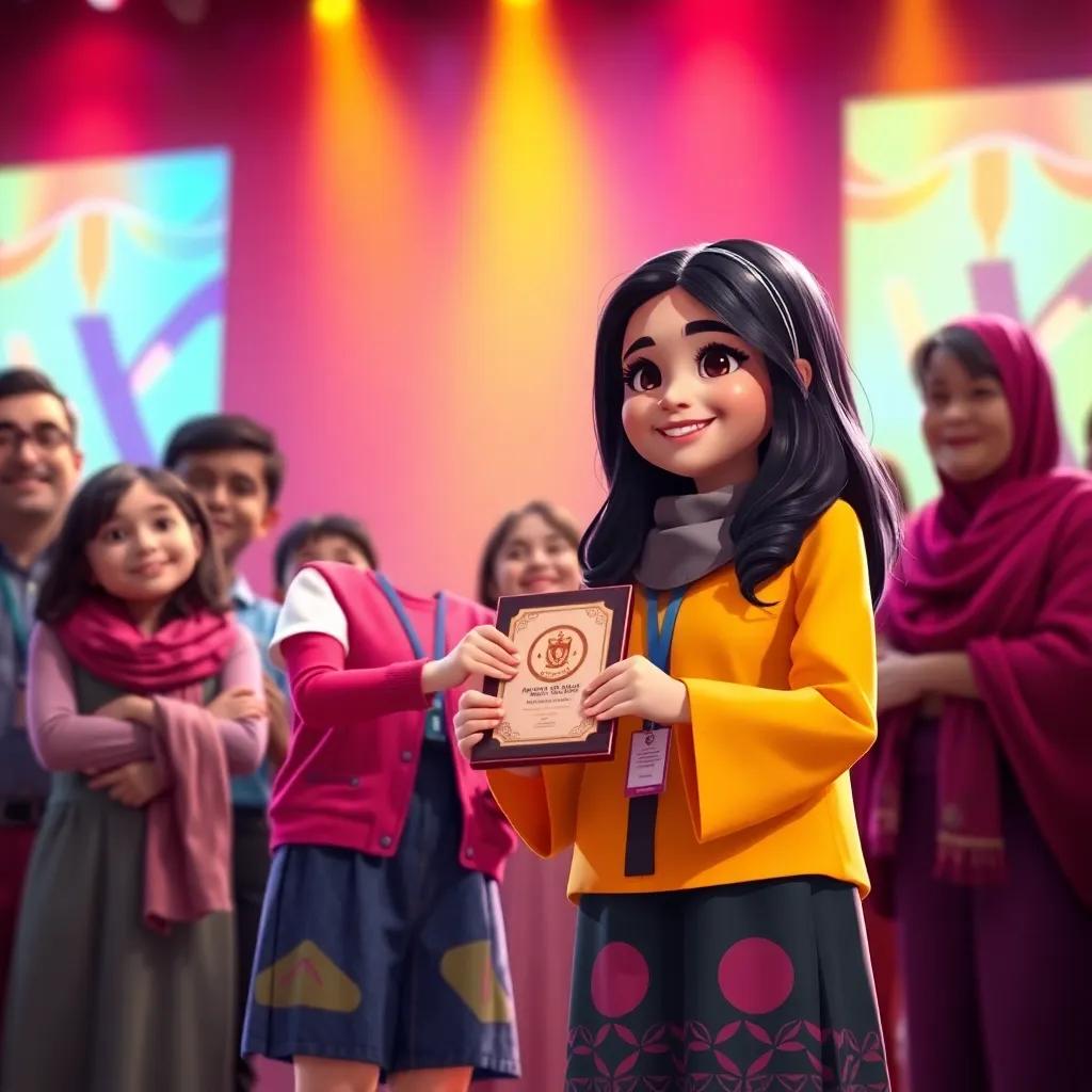 Leila, a young Arab girl, with long dark hair, in a colorful school uniform, receiving an award on stage for her innovation, surrounded by proud friends and family, heartwarming moment, colorful background, high quality