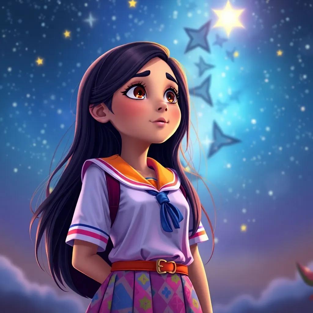 Leila, a young Arab girl, with long dark hair, in a colorful school uniform, daydreaming about her next invention under a starry sky, dreamy atmosphere, vibrant colors, imaginative, high quality