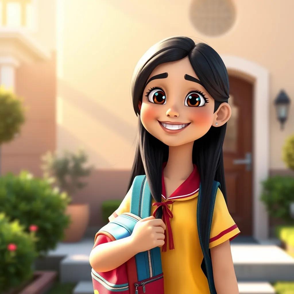 A smiling Arab girl named Mariam, with long black hair wearing a bright school uniform and holding a colorful backpack, standing in front of her house, morning sunlight, happy atmosphere, cheerful, high quality, digital art