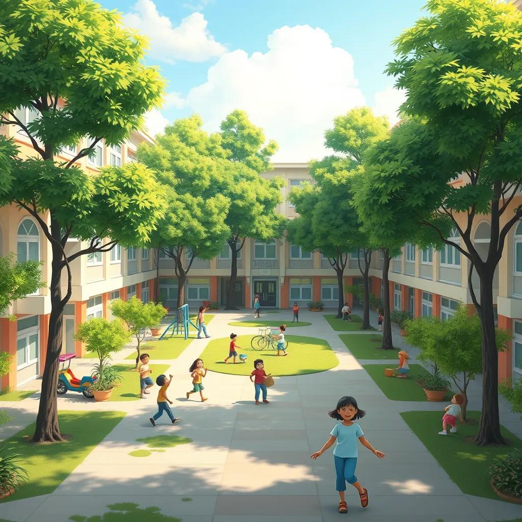 A spacious school courtyard filled with green trees and playground equipment, with students playing and laughing, bright colors, vibrant atmosphere, high quality, digital painting