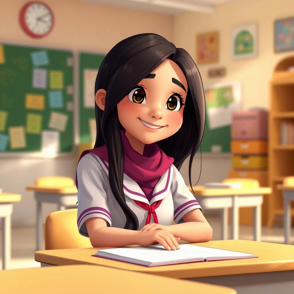 In a cozy classroom, smiling Arab girl Mariam with long black hair in a school uniform, sitting at her desk, listening attentively to her cheerful teacher, colorful classroom, bright light, warm atmosphere, high quality, digital illustration