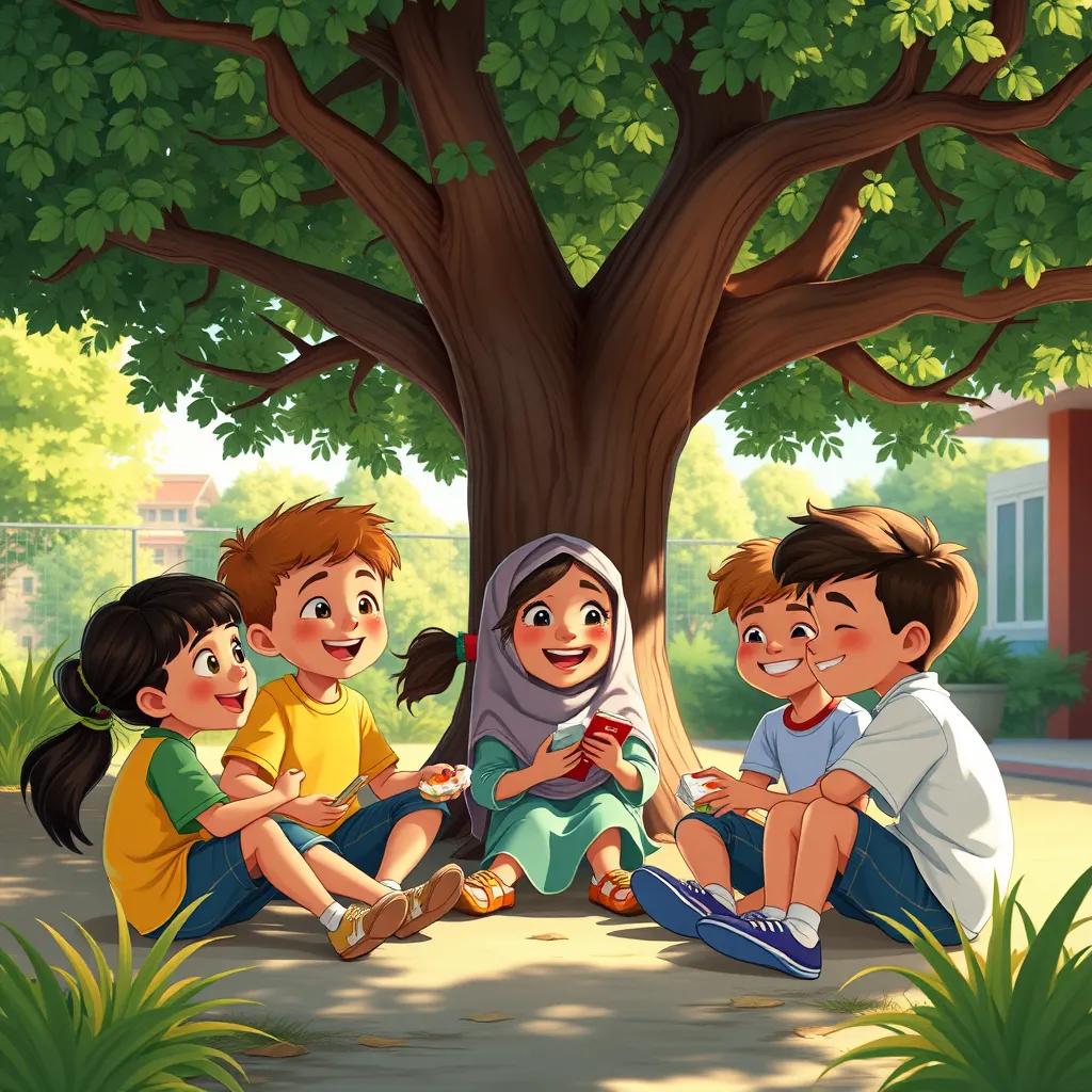 A group of happy children including Mariam, sitting under a large tree in the schoolyard, sharing lunch and laughing together, warm sunshine, friendly vibes, high quality, digital art