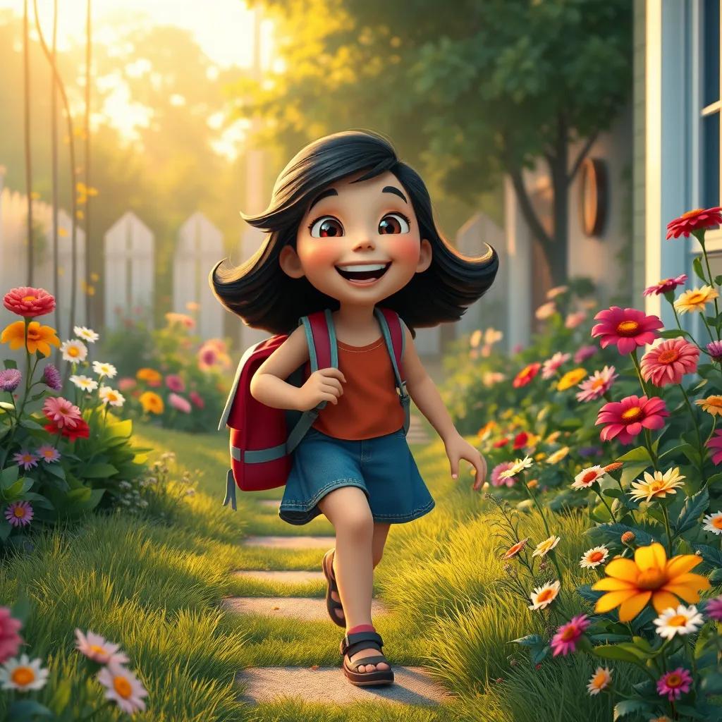 A joyful Mariam returning home from school, with a big smile, walking through her garden filled with flowers, evening light, peaceful atmosphere, high quality, vibrant colors, digital painting