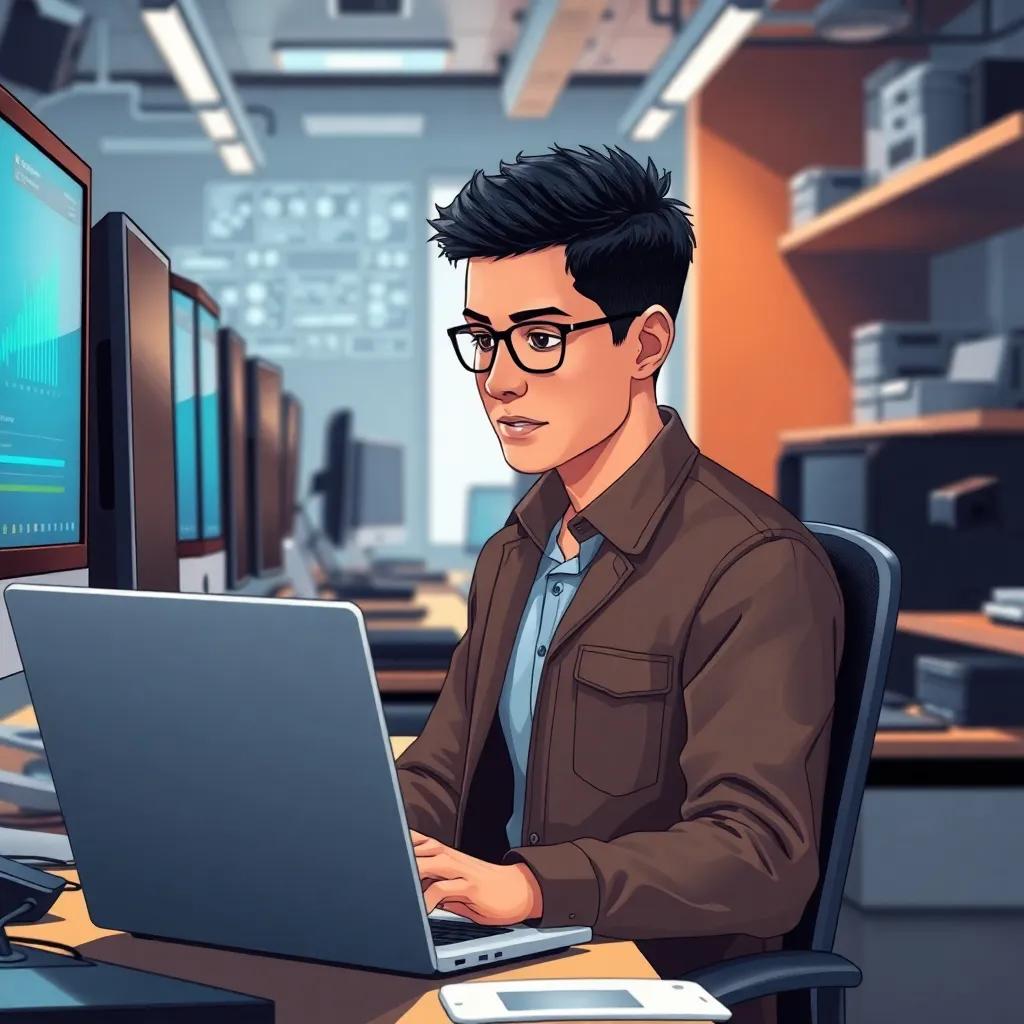 Omar, a young Arab boy, with short black hair, wearing a smart casual outfit, using a laptop in a busy tech office, surrounded by computers and tech gadgets, detailed illustration, professional vibes, dynamic energy, high quality