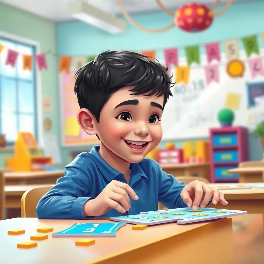 A young Arab boy, Sami, with short black hair, wearing a blue shirt and red shorts, happily solving math puzzles in a classroom with colorful decorations, digital art, bright colors, cheerful atmosphere, high quality