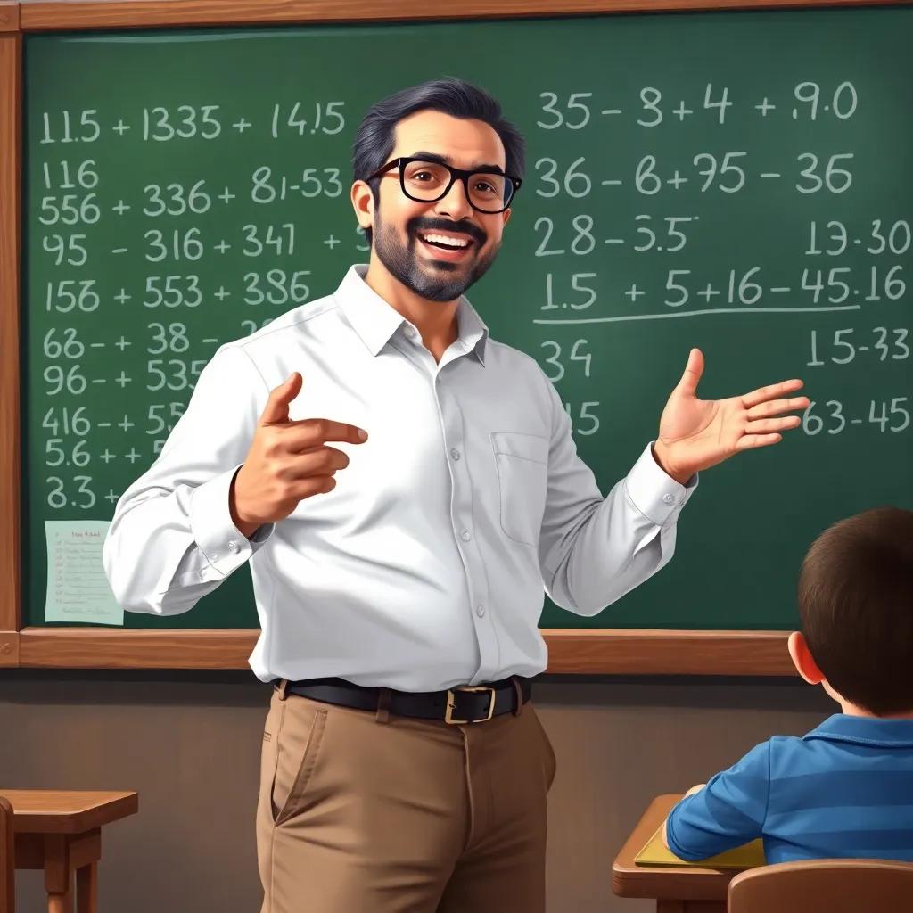 A teacher, Mr. Hamad, with glasses, wearing a white shirt and khaki pants, enthusiastically explaining math riddles in front of a blackboard filled with numbers, illustration, engaging, lively classroom, child-friendly