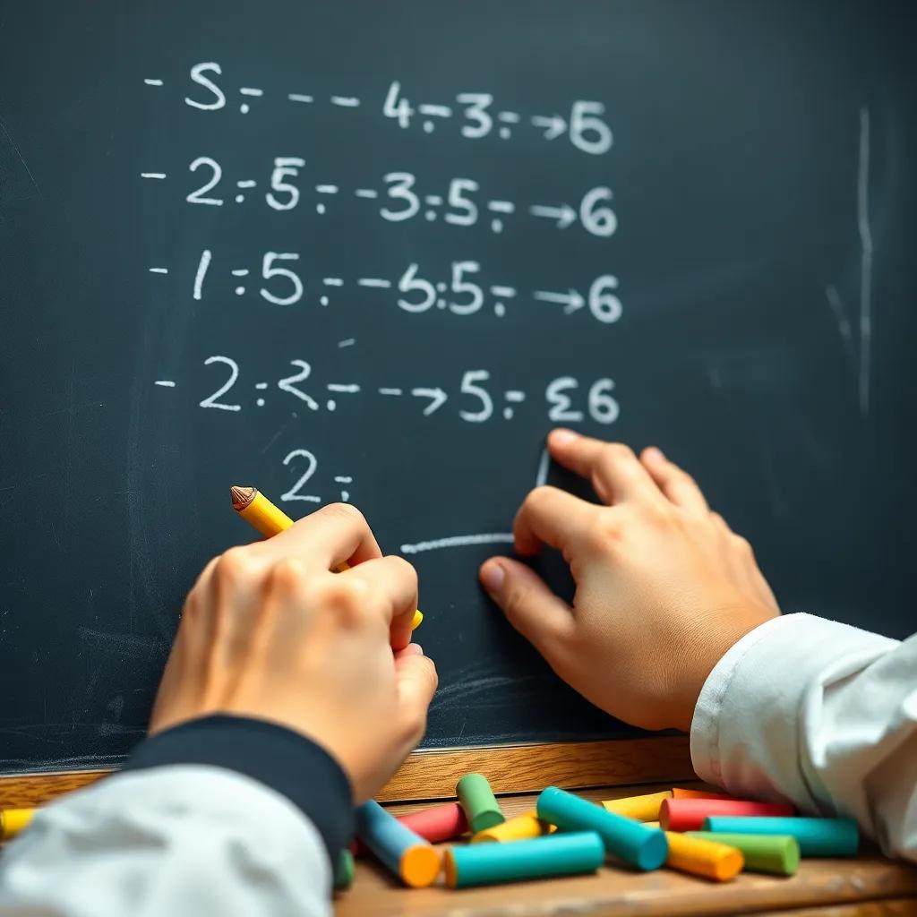 A close-up of Sami's hands writing answers on a chalkboard, with colorful chalks around, showcasing the joy of learning and problem-solving, detailed, vibrant colors, high focus, playful perspective