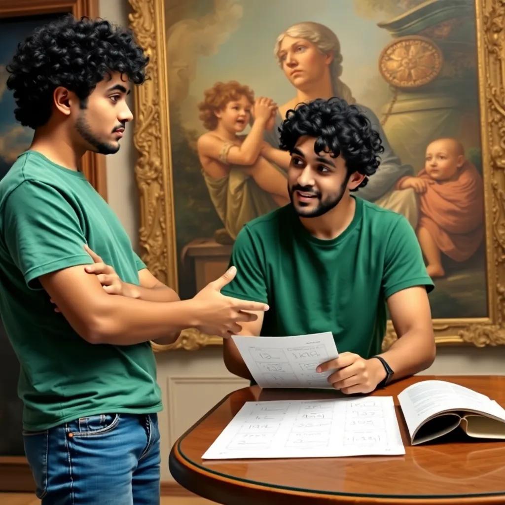 Sami's friend, Salim, with curly black hair, wearing a green t-shirt and blue jeans, looking puzzled at a math riddle, while Sami explains beside him, friendly atmosphere, attention to detail, uplifting