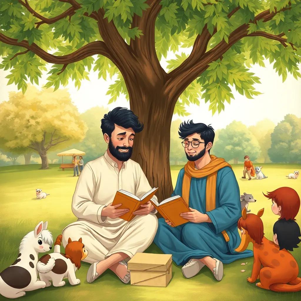 Sami and Salim happily studying together under a tree in the park, surrounded by friends playing, showcasing friendship and teamwork while learning, illustration, warm and inviting, sense of community