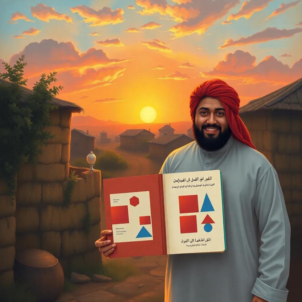 A serene sunset in the village, with Sami and Salim standing together, holding a book about shapes, symbolizing their passion for learning, soft colors, dreamy atmosphere, heartwarming