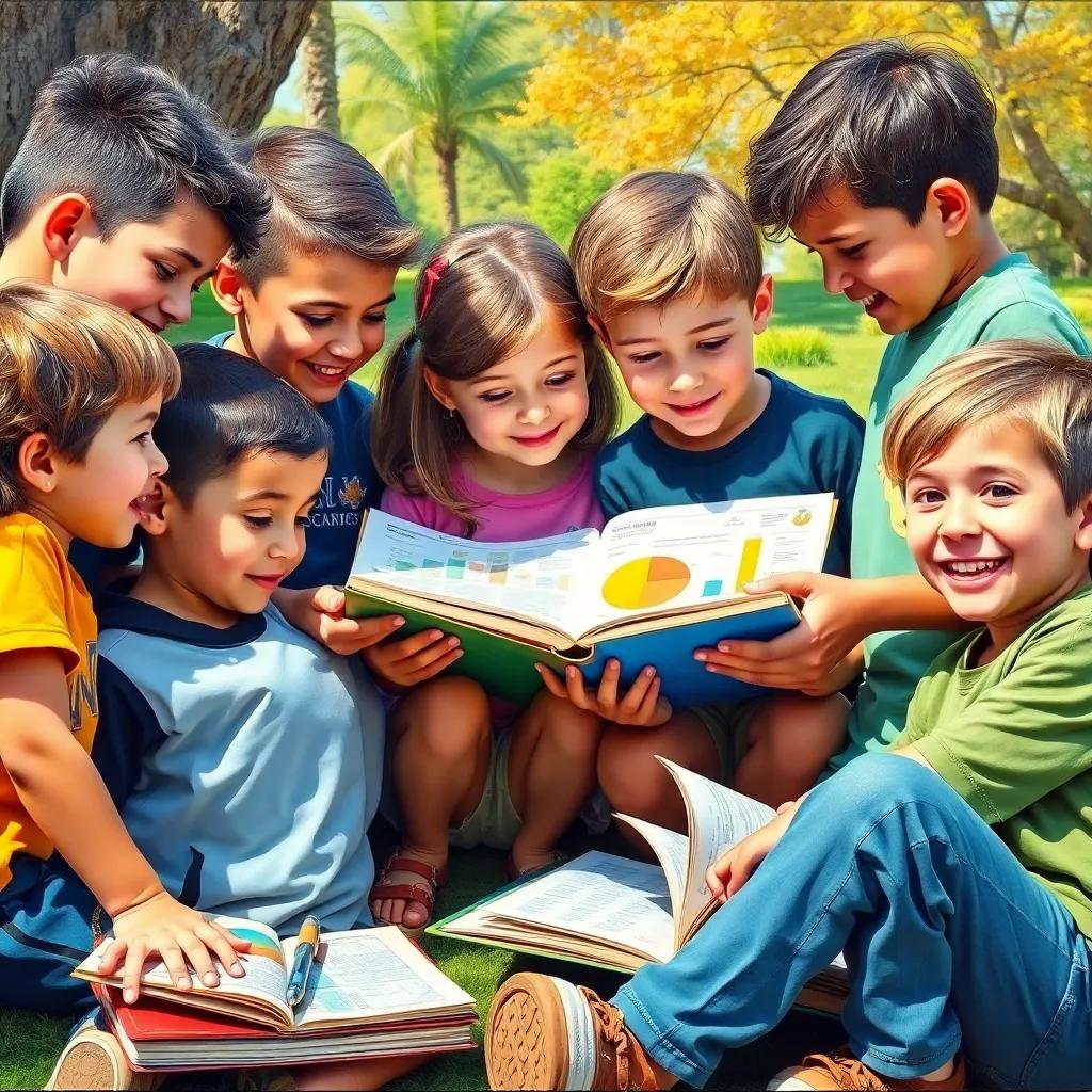 A group of happy children studying together outdoors, using colorful books and charts, representing cooperation and sharing knowledge, bright colors, inviting scene, focused on teamwork