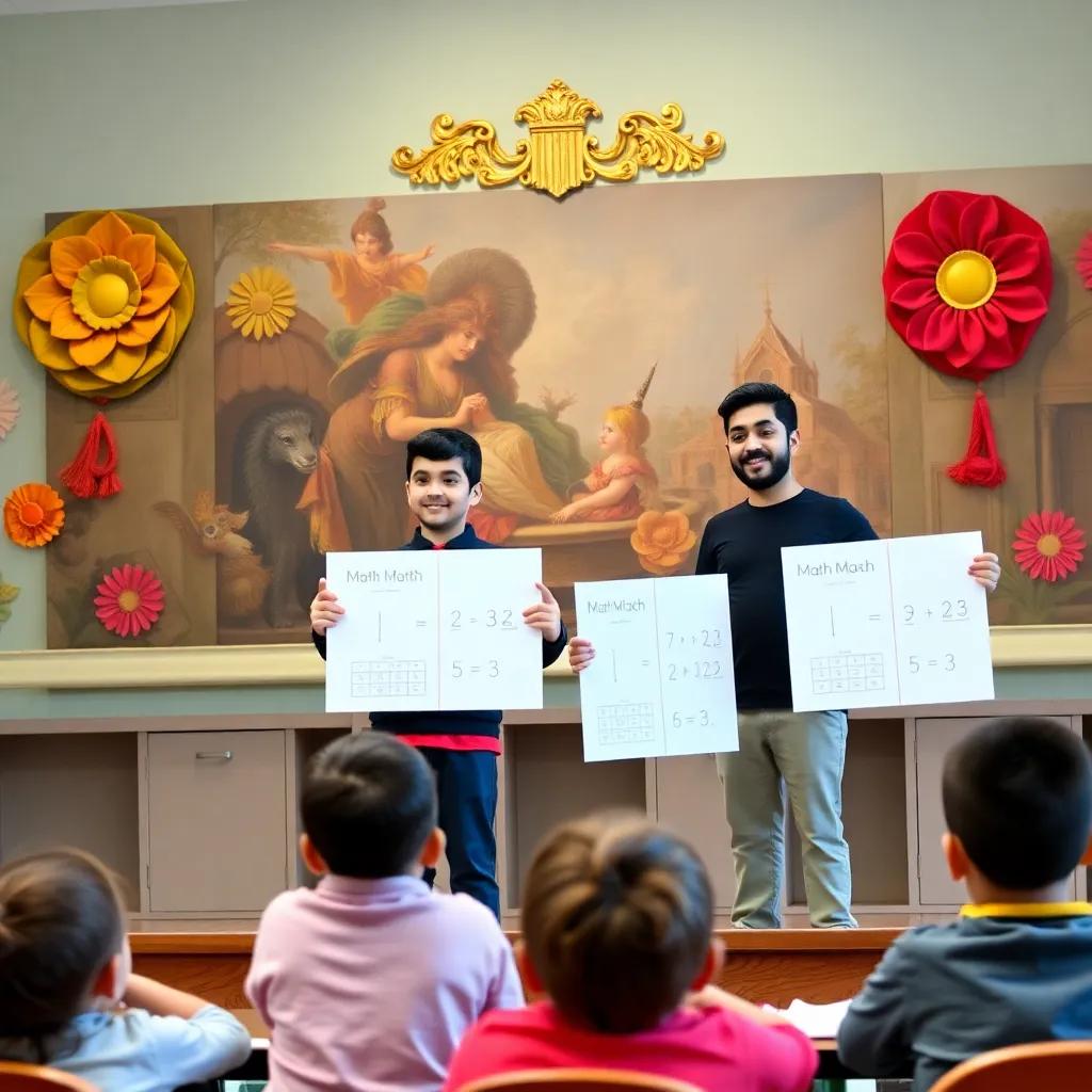 Sami and Salim on a stage, presenting math projects to their classmates with confidence, vibrant decorations in the background, empowering, supportive environment, child-friendly