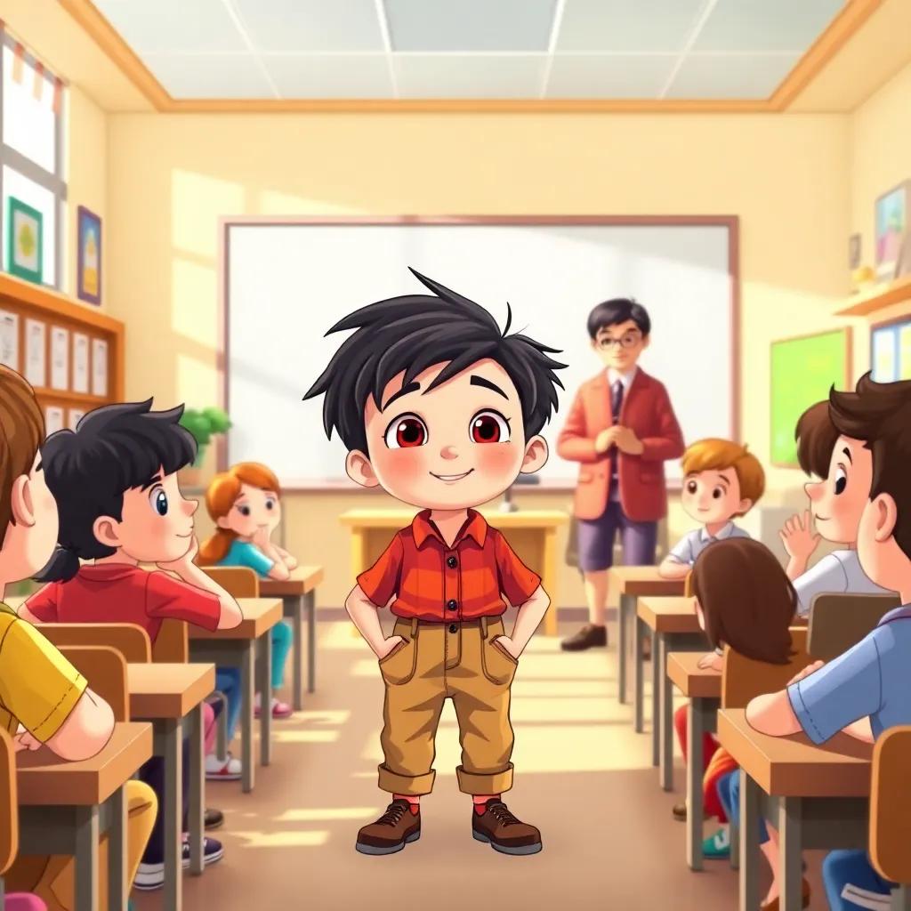 A bright classroom with طالذ, a young boy with messy dark hair in simple clothes, standing confidently in front of other students and a proud teacher, sharing his knowledge during a lesson, illustration, cheerful, vibrant colors, inspiring view