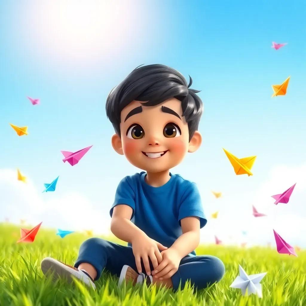 A young boy, Sami, with short dark hair, wearing a blue t-shirt, sitting on a grassy field with colorful paper planes around him, under a bright sunny sky, digital art, vibrant colors, cheerful atmosphere, high quality