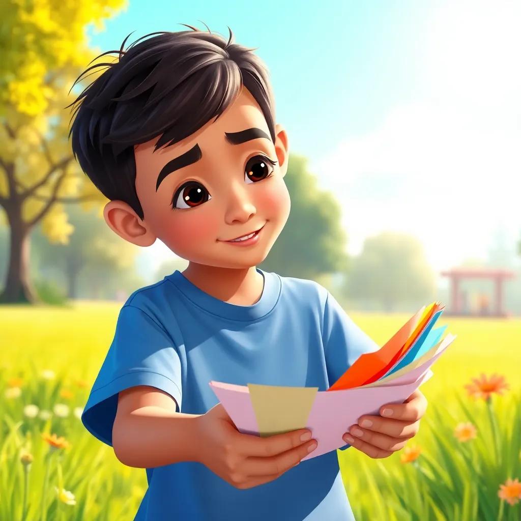 Sami, a young boy with short dark hair in a blue t-shirt, folding colorful paper on a bright, sunny day in a park, surrounded by green grass and flowers, illustration, warm colors, engaging scene, child-friendly