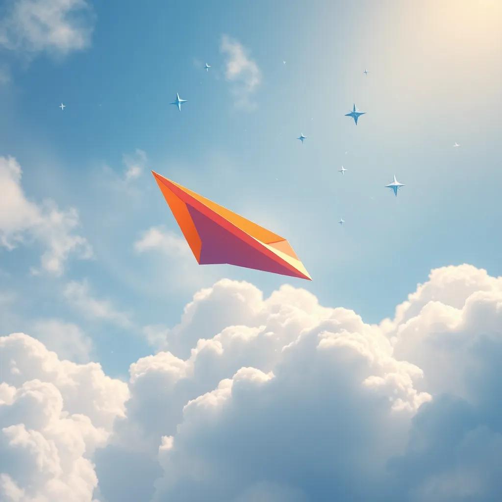 A colorful paper plane soaring high in the sky, with blue and silver stars, amidst fluffy white clouds, symbolizing freedom and joy, digital painting, realistic, uplifting