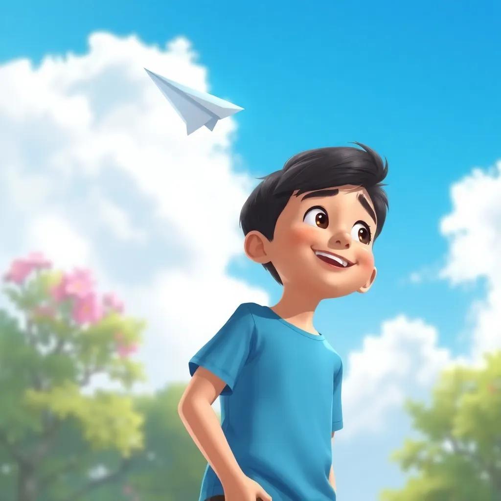 Sami, a young boy with short dark hair in a blue t-shirt, happily watching his blue paper plane fly in the beautiful blue sky, illustration, vivid colors, cheerful imagery, high quality