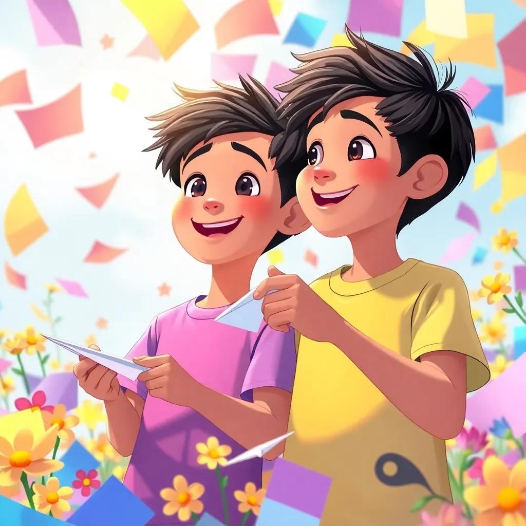Sami and his friend Ali, both with short dark hair, in vibrant t-shirts, making paper planes together surrounded by colorful papers and flowers, bright sunny day, digital art, joyful atmosphere, high quality