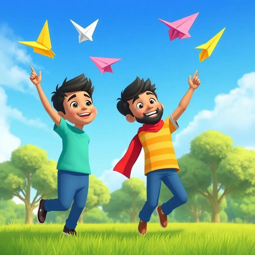 Sami and Ali launching their colorful paper planes into the air, with a bright blue sky and green trees in the background, cheerful, vibrant colors, fun scene, illustration