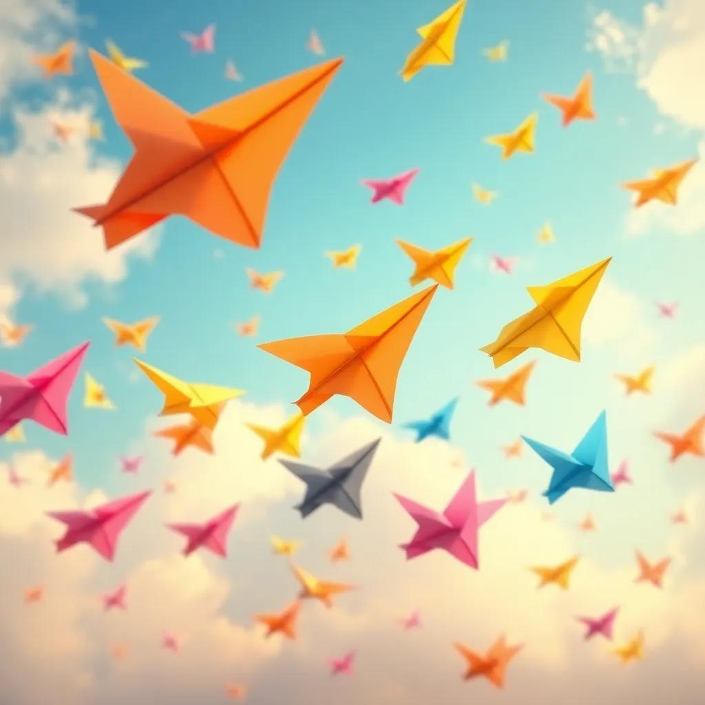 Colorful paper planes flying together in the sky, creating a beautiful scene with various colors and patterns, cheerful and magical, digital art, highly detailed