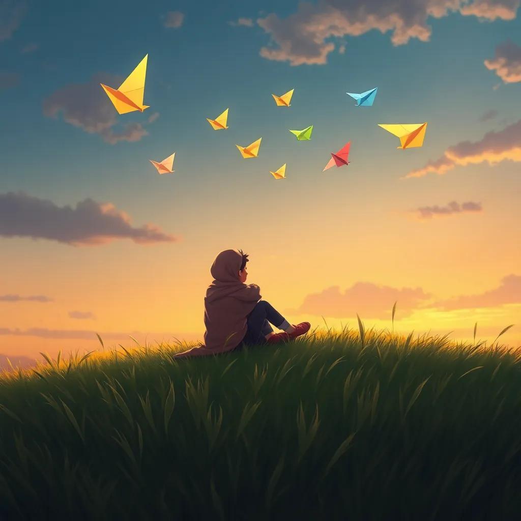 Sami and Ali sitting on a grassy hill at dusk, watching their colorful paper planes soaring away, dreaming of new adventures, soft and warm colors, magical atmosphere, digital painting