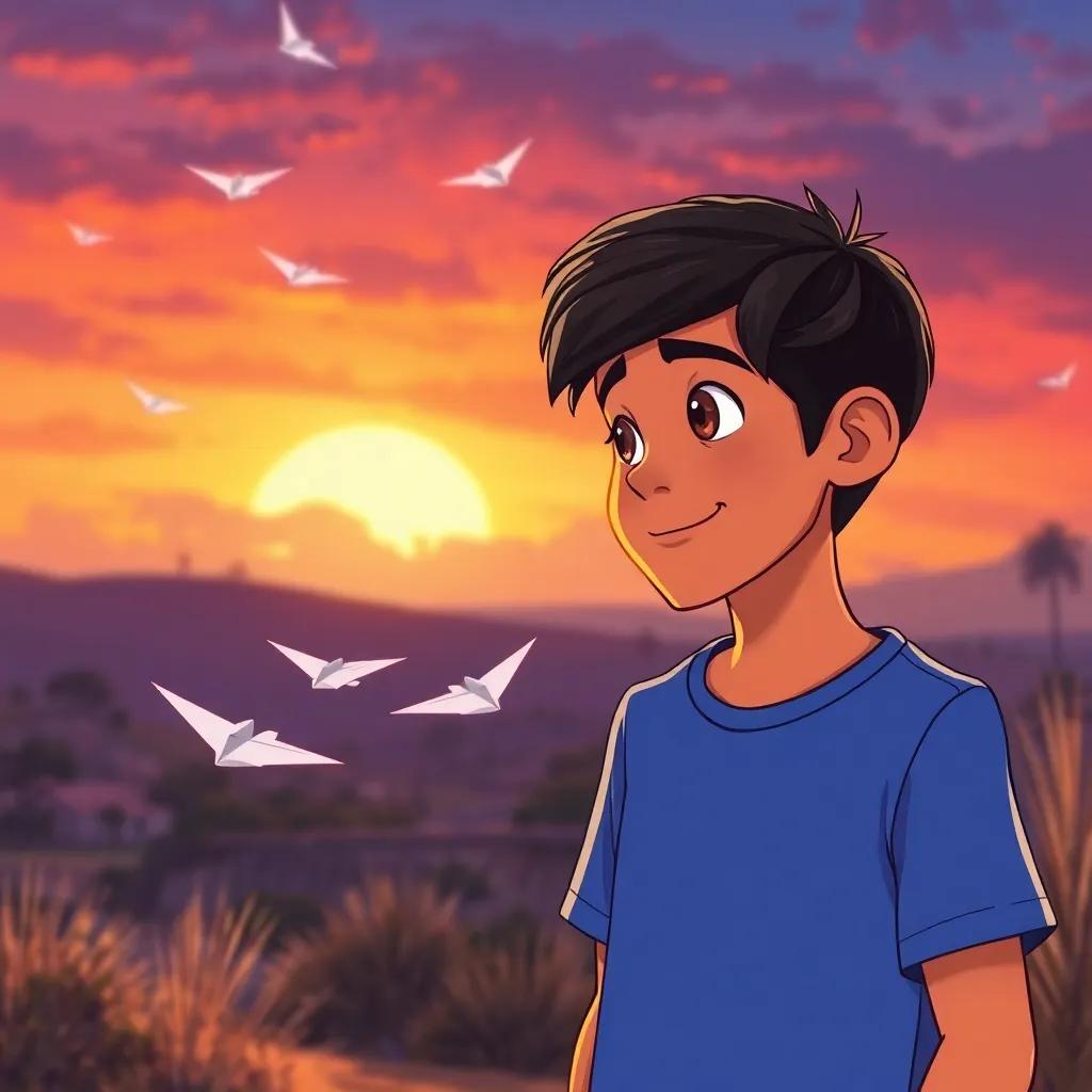 Sami, a young boy with short dark hair in a blue t-shirt, talking with Ali about their adventures with paper planes under a colorful sunset, illustration, warm tones, friendly scene, high quality