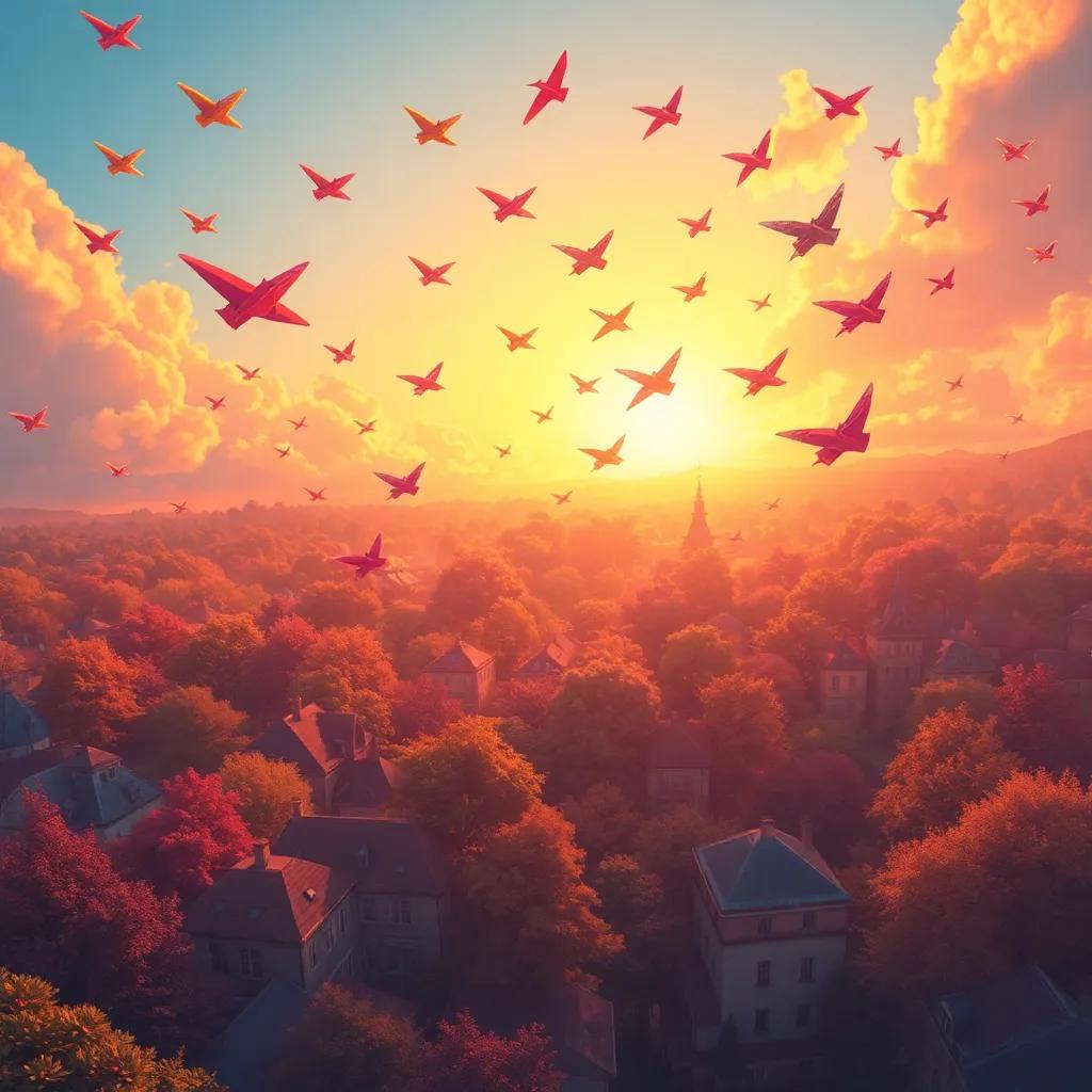 A beautiful sky full of colorful paper planes flying over trees and buildings, painting a dreamy picture, with a golden sunset backdrop, digital art, dreamy, enchanting atmosphere.