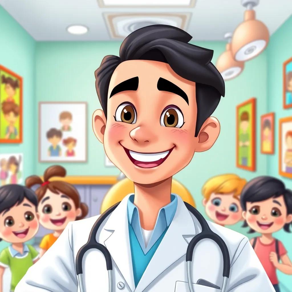 A cheerful dental doctor, Dr. Suleiman, with a warm smile, in a colorful office with children's pictures on the walls, surrounded by young kids, digital art, vibrant colors, welcoming atmosphere, high quality