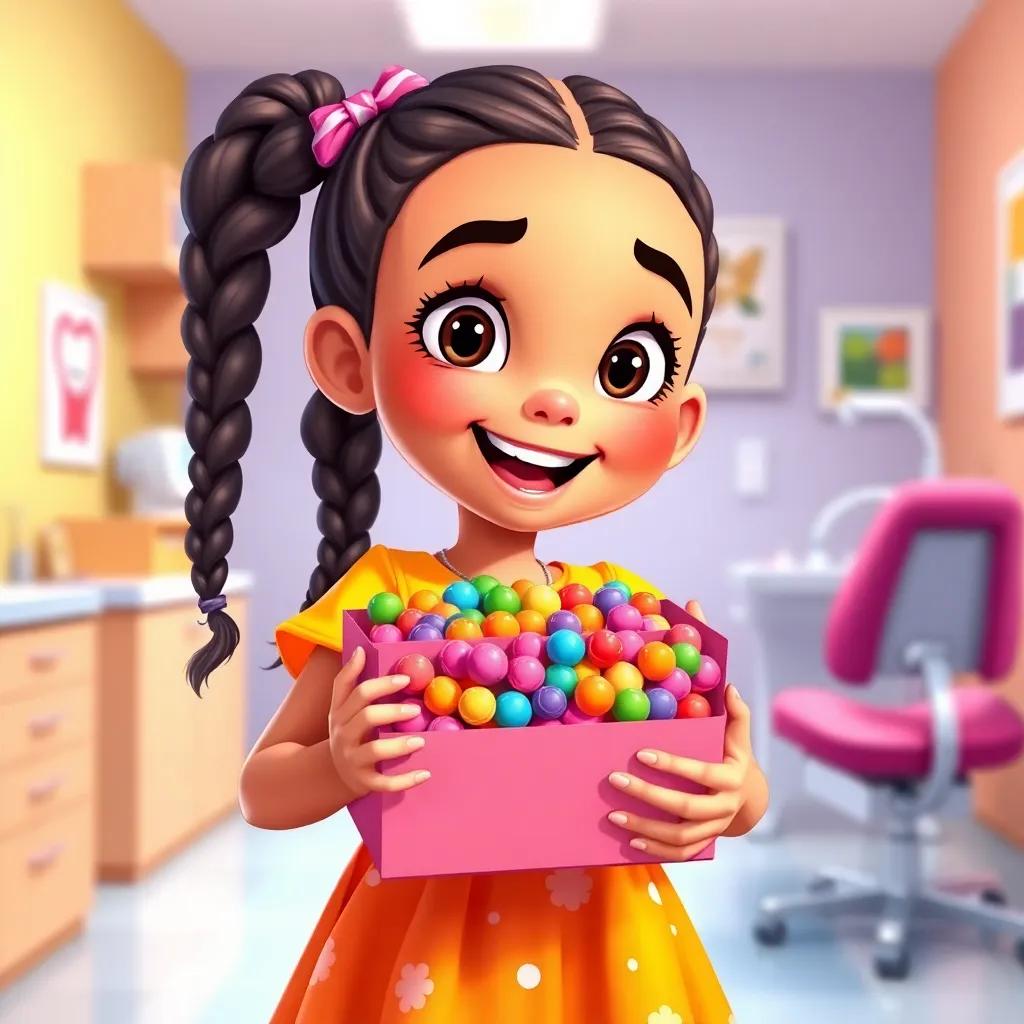 A young girl, Leila, with playful braids wearing a bright dress, holding a big box of colorful candy, looking excited in a dental office, illustration, cheerful and engaging, friendly environment, high quality