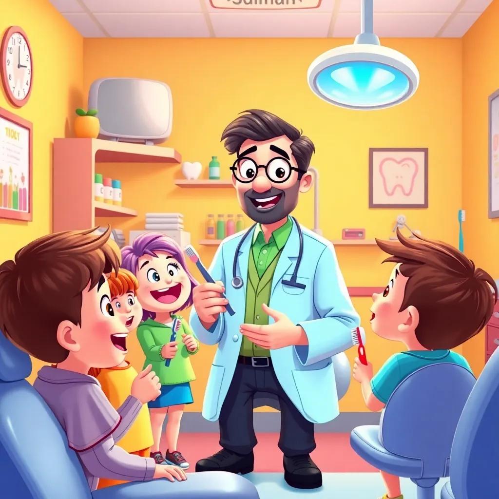 A dental office with bright colors, featuring Dr. Suleiman explaining dental care to a group of excited children, showing toothbrushes and candy, colorful illustration, inviting atmosphere, high quality