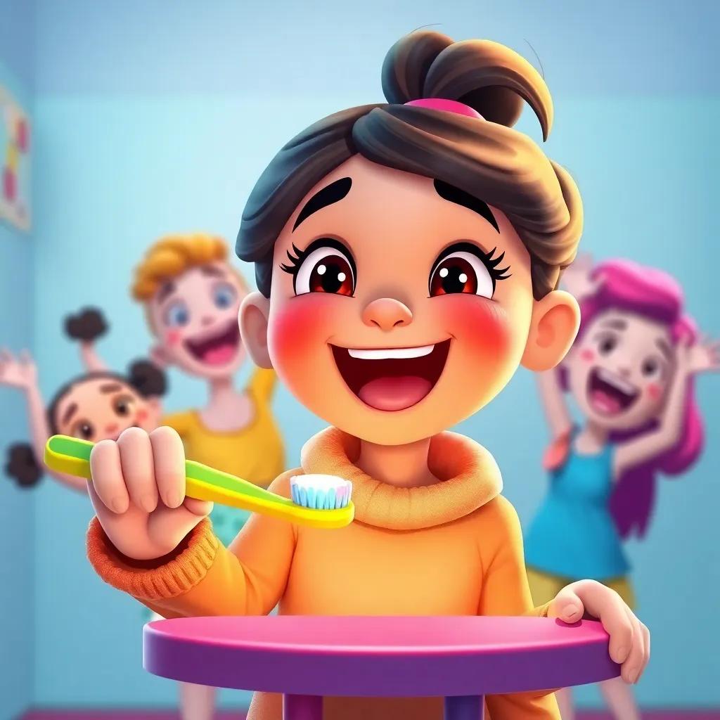 A playful scene of Leila brushing her teeth with a colorful toothbrush, singing a joyful song, with her friends cheering around her, cartoon style, vibrant colors, lively atmosphere, high quality