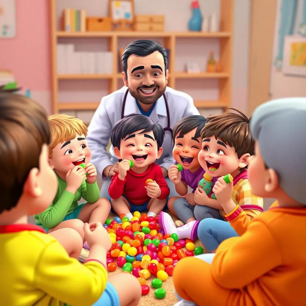 Children eating colorful candies sitting in a circle, laughing and sharing jokes, while Dr. Suleiman watches them with a smile, engaging moment, bright colors, high quality