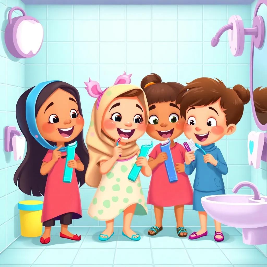 Leila and her friends using toothbrushes and singing together about dental hygiene, in a bright, friendly bathroom, fun illustration, colorful, upbeat atmosphere, high quality