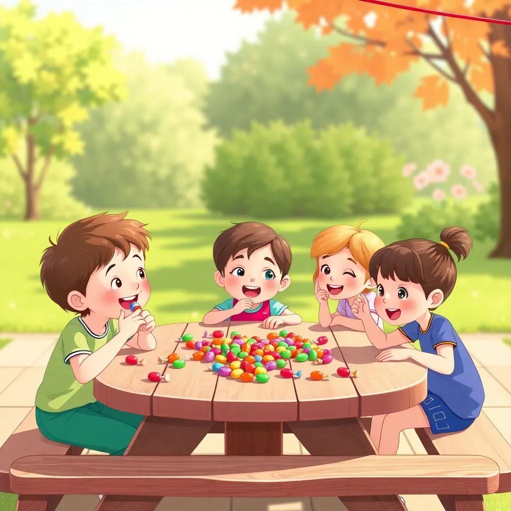 A lovely scene of children enjoying their colorful candies at a picnic table, with smiles and laughter all around, sunny day, cartoon illustration, joyful colors, high quality