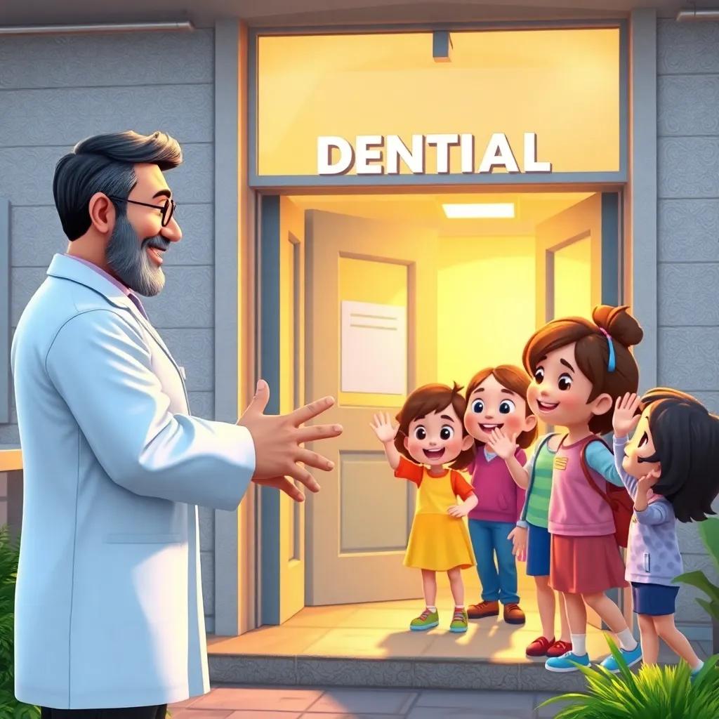 Dr. Suleiman saying goodbye to the children outside the dental office, with happy kids waving and smiling, colorful scene, warm light, uplifting mood, high quality