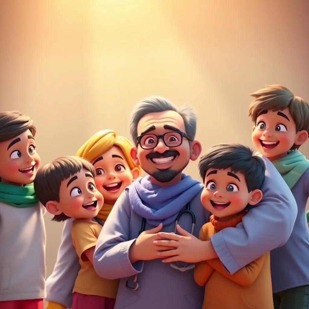 A heartwarming picture of Dr. Suleiman and the children together, with smiles and a sense of joy, celebrating after their adventures, bright colors, uplifting composition, high quality