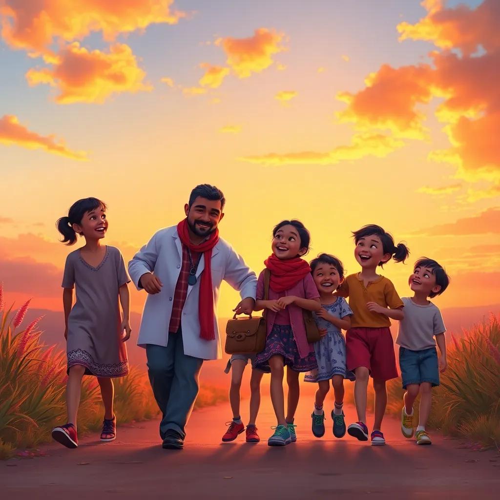A warm sunset background with Dr. Suleiman and the children walking together, sharing laughter and stories, beautiful colors blending in the sky, peaceful yet joyful feel, high quality