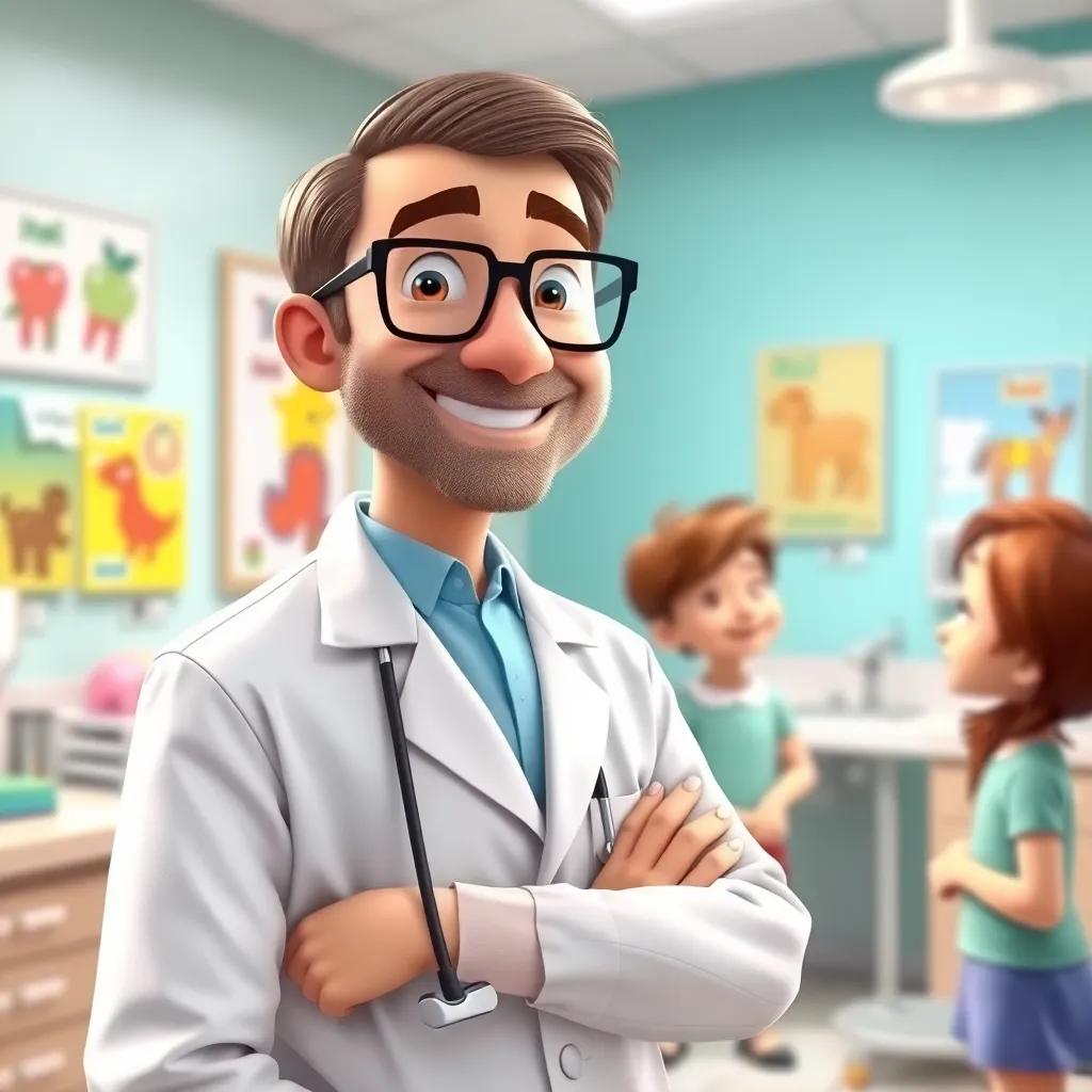 A friendly dentist with glasses, Dr. Adel, middle-aged, wearing a lab coat, standing in his dental office with colorful posters on the walls, smiling at children, digital art, bright and cheerful environment, inviting atmosphere, high quality