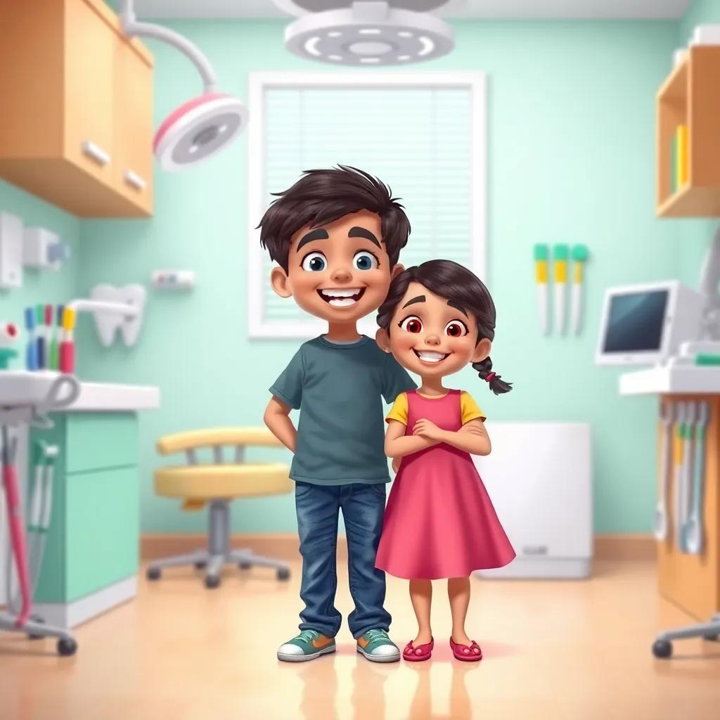 Two children, Hassan and Salma, with joyful expressions, standing in a dentist's office, surrounded by colorful dental tools, Hassan with dark hair in a t-shirt and jeans, Salma with braided hair wearing a bright dress, playful scene, illustration, vibrant colors, child-friendly