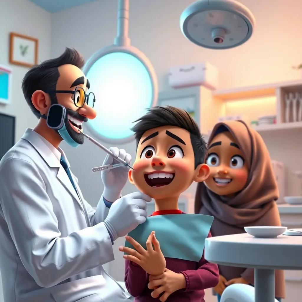 Dr. Adel examining Hassan's teeth while Hassan looks a bit nervous but excited, with Salma watching curiously, bright dental light shining, clean and well-organized dental office, detailed digital art, warm and welcoming atmosphere, high quality
