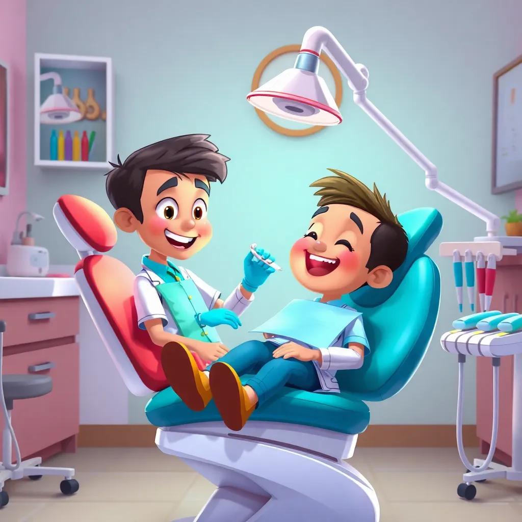 Hassan sitting on the dental chair while Dr. Adel is working on his teeth, with colorful dental tools around, cartoonish, cheerful, friendly vibe, high quality, engaging scene