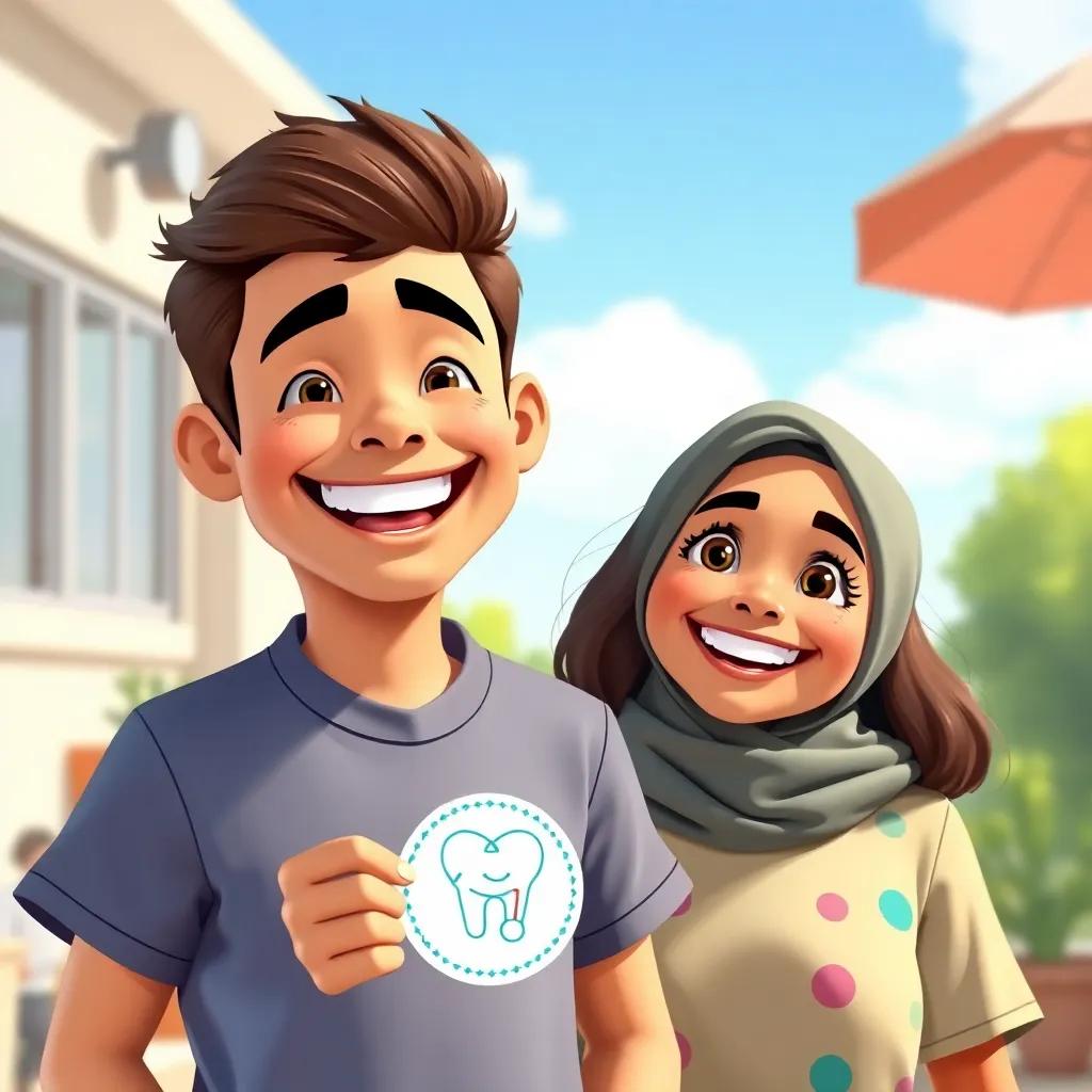 Hassan smiling brightly after his dental checkup, holding a sticker from Dr. Adel, Salma standing beside him with a big smile, in a sunny outdoor setting, lively atmosphere, happy expressions, bright colors, high quality