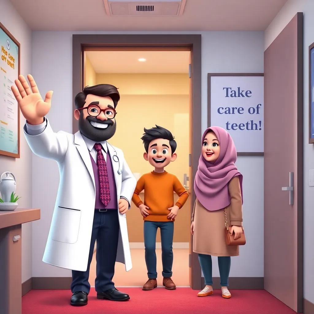 Dr. Adel waving goodbye to Hassan and Salma as they leave the office, with a poster saying 'Take care of your teeth!' in the background, cheerful and motivational vibe, engaging and colorful, high quality