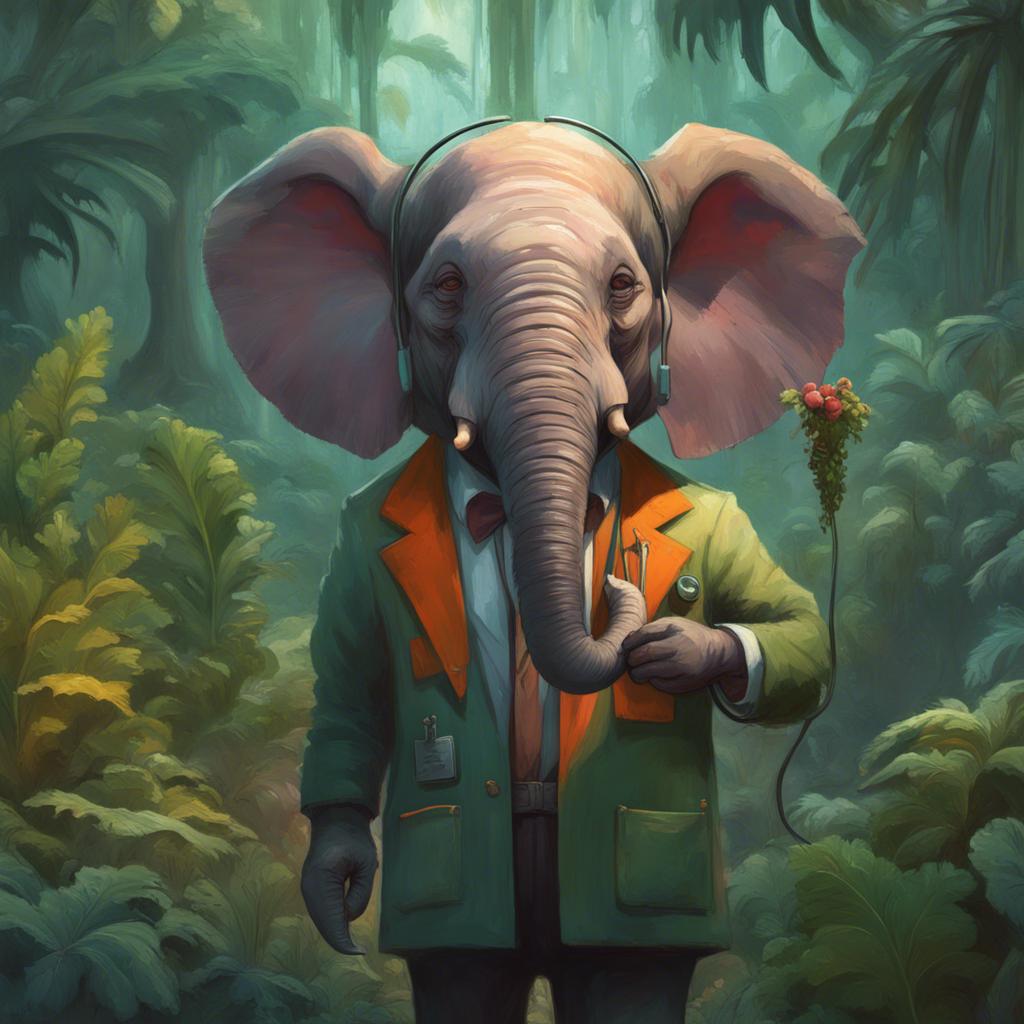 A friendly elephant doctor named Flo, with a large smiling face, wearing a doctor's coat and stethoscope in a colorful jungle. Plenty of kale around him.